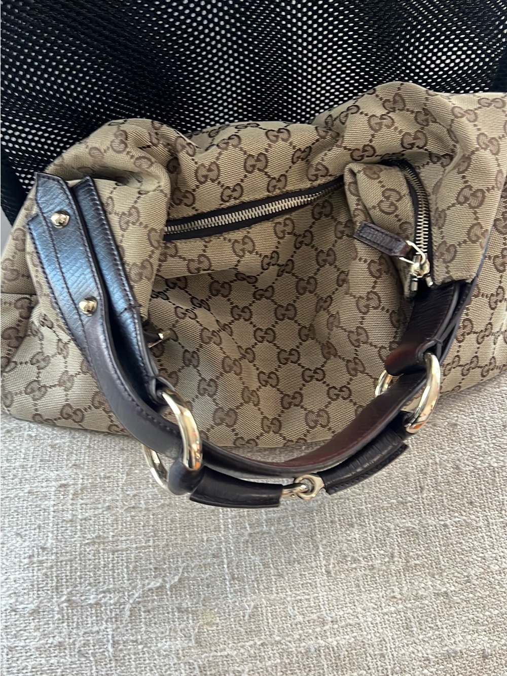 Gucci Beige GG Canvas Shoulder Bag with Dark Brown Leather Handles